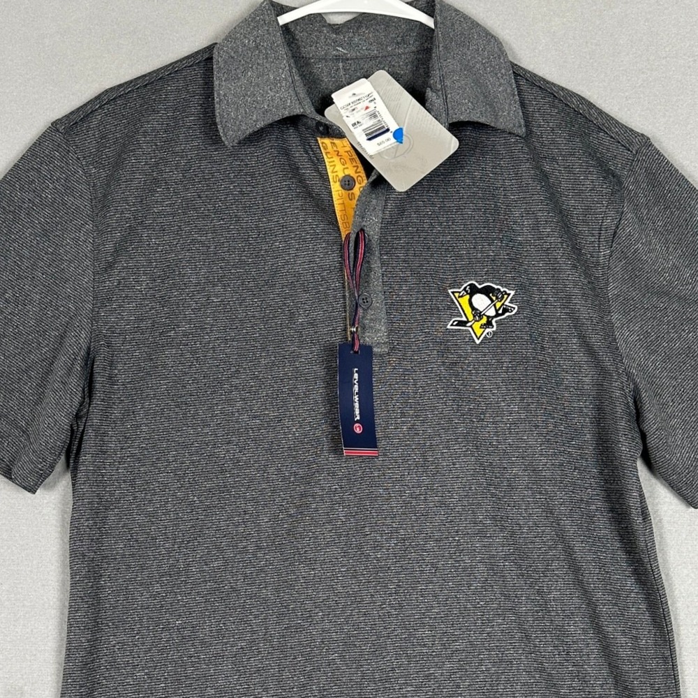 NEW Pittsburgh Penguins Polo Shirt Mens Small Gray NHL Hockey Striped Levelwear